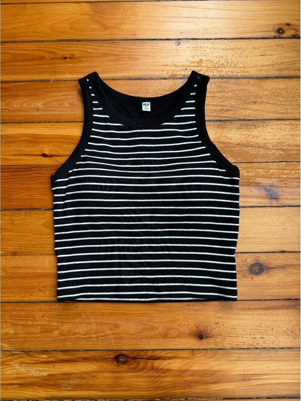 Uniqlo Black White Stripe Crop Top Built In Bra Ribbed Tank XS